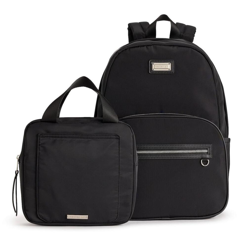 Madden Girl Nylon Backpack with Matching Lunch Box – Black